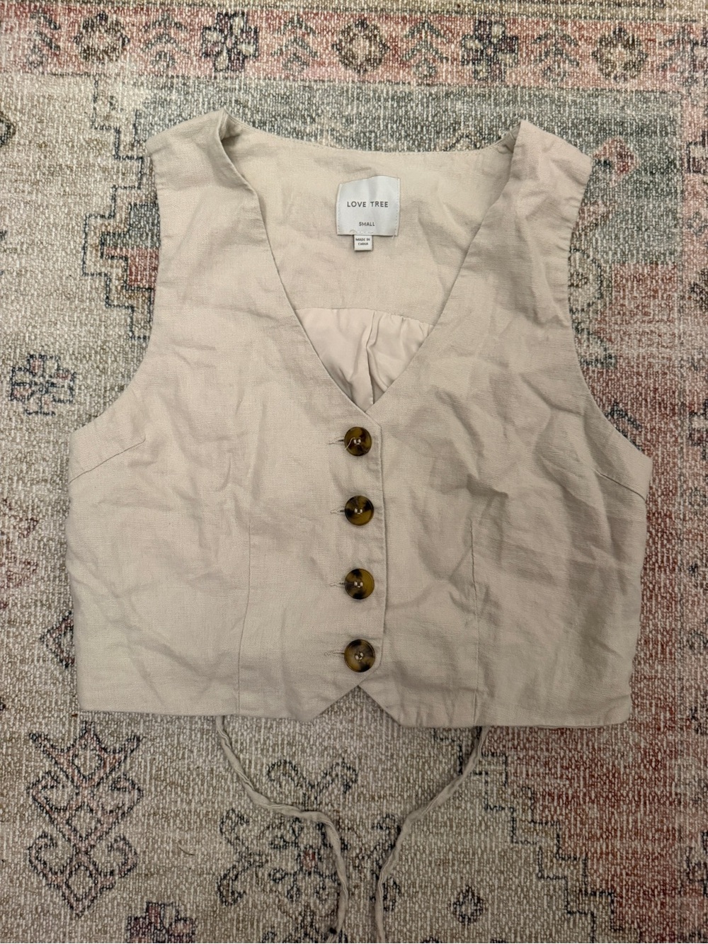 Love Tree Beige Linen-Blend Button Crop Vest